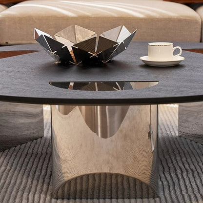 Modern Luxury Round Multi-Layer Solid Wood Panel Stainless Steel Coffee Table For Living Room