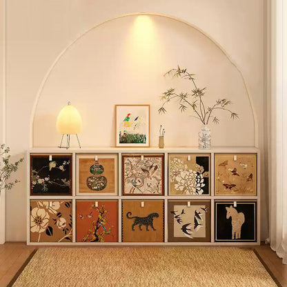 Traditional Vintage Square Multi-Layer Solid Wood Panel Fabric Storage Bookshelf 4/6/8/10-Cabinet For Living Room