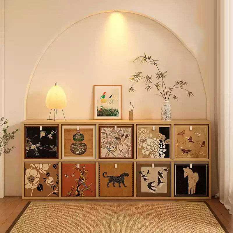 Traditional Vintage Square Multi-Layer Solid Wood Panel Fabric Storage Bookshelf 4/6/8/10-Cabinet For Living Room