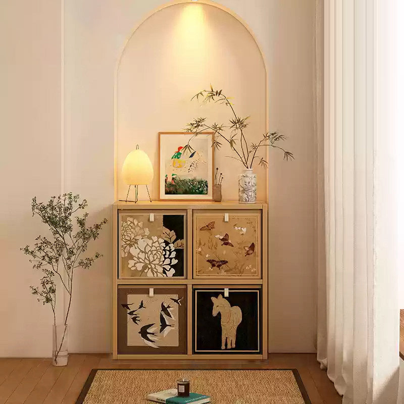 Traditional Vintage Square Multi-Layer Solid Wood Panel Fabric Storage Bookshelf 4/6/8/10-Cabinet For Living Room