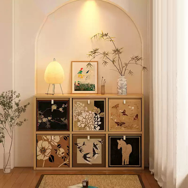 Traditional Vintage Square Multi-Layer Solid Wood Panel Fabric Storage Bookshelf 4/6/8/10-Cabinet For Living Room