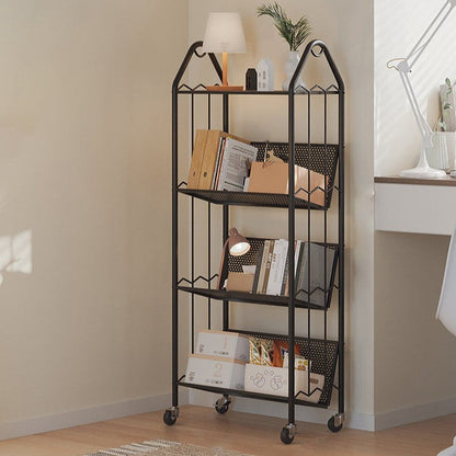 Contemporary Scandinavian Rectangular Carbon Steel Movable Storage Bookshelf 4-Tier For Living Room