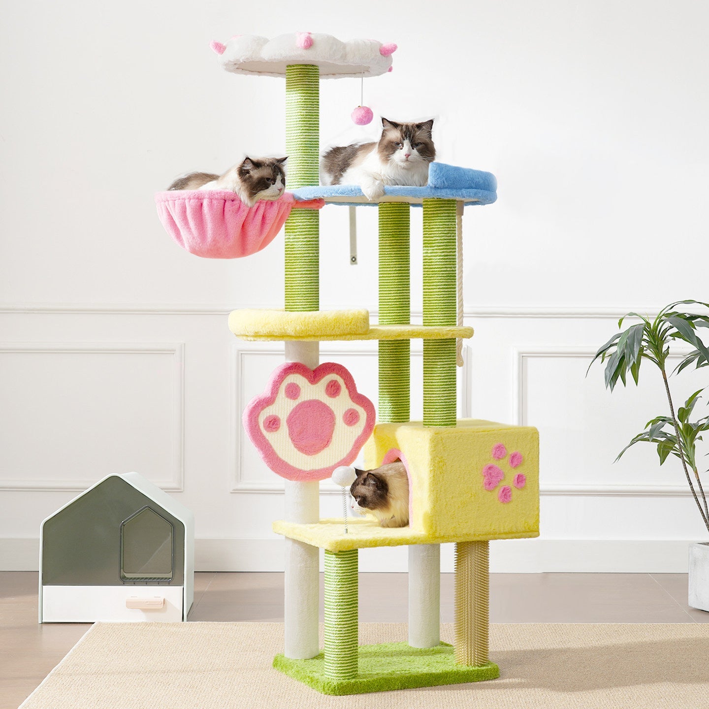 Contemporary Creative Rectangular Particleboard Velvet Fabric Sisal Multi-Functional Cat Tree For Living Room