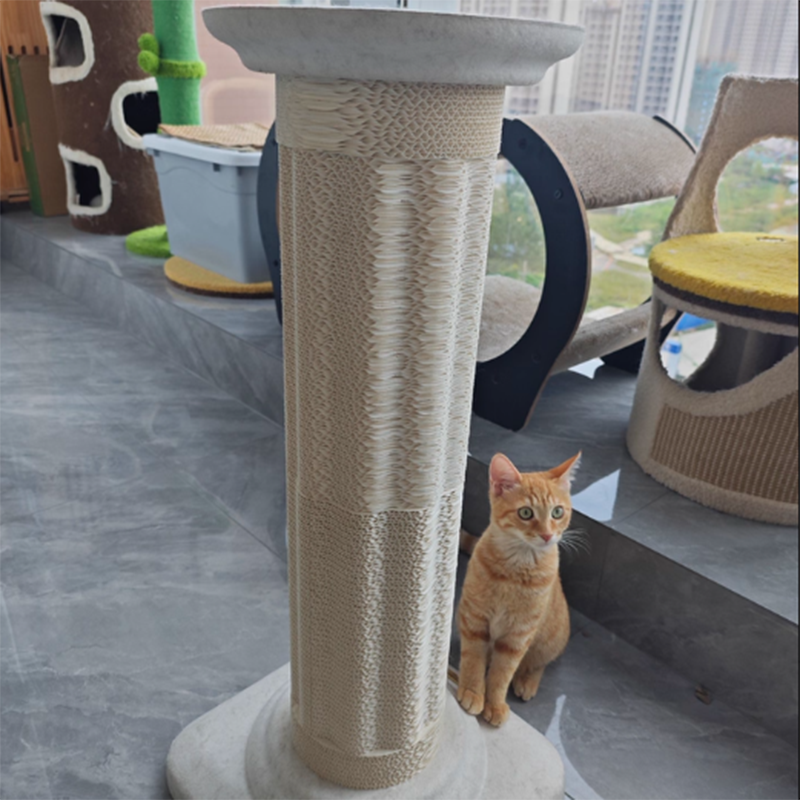 Contemporary Scandinavian Round Medium-Density Fiberboard Corrugated Paper Hemp Rope Felt Cat Scratcher Cat Tree For Living Room