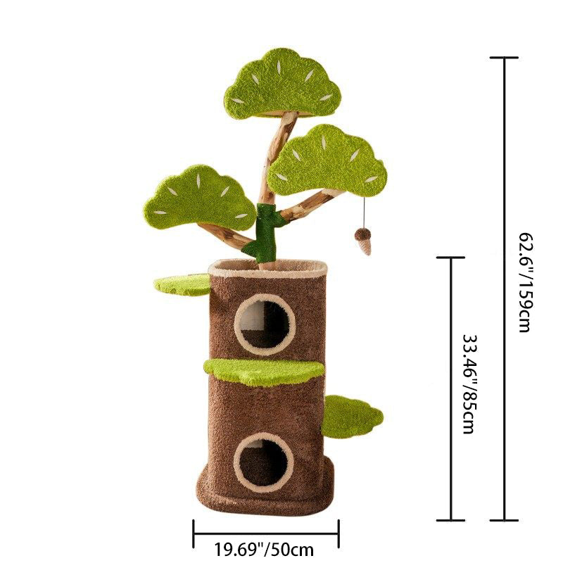 Contemporary Creative Round Particleboard Natural Fruitwood Velvet Fabric Hemp Rope Treehouse Cat Tree For Living Room