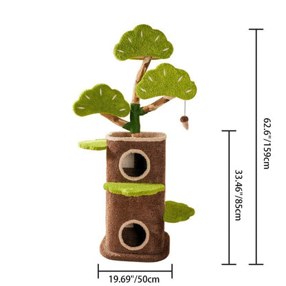 Contemporary Creative Round Particleboard Natural Fruitwood Velvet Fabric Hemp Rope Treehouse Cat Tree For Living Room