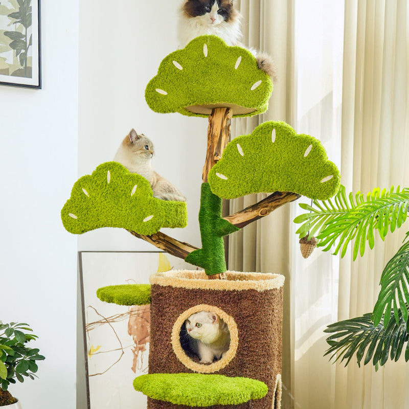 Contemporary Creative Round Particleboard Natural Fruitwood Velvet Fabric Hemp Rope Treehouse Cat Tree For Living Room