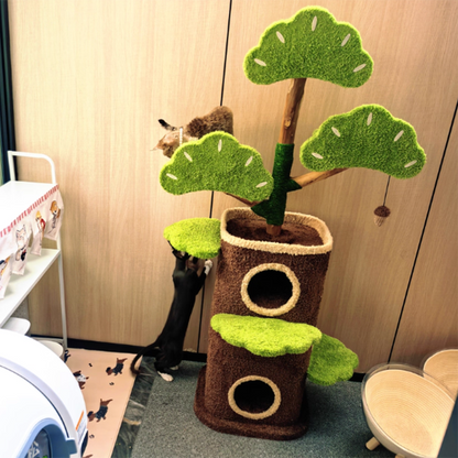 Contemporary Creative Round Particleboard Natural Fruitwood Velvet Fabric Hemp Rope Treehouse Cat Tree For Living Room