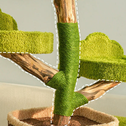 Contemporary Creative Round Particleboard Natural Fruitwood Velvet Fabric Hemp Rope Treehouse Cat Tree For Living Room