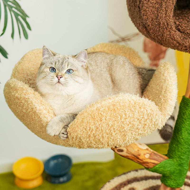 Contemporary Creative Round Particleboard Natural Fruitwood Velvet Fabric Hemp Rope Treehouse Cat Tree For Living Room