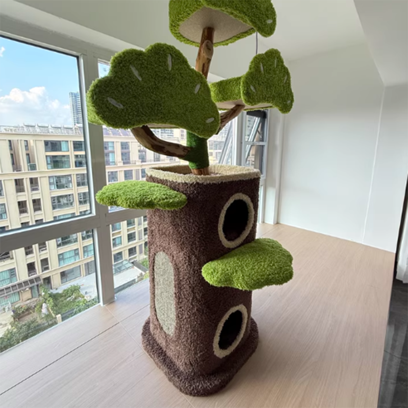 Contemporary Creative Round Particleboard Natural Fruitwood Velvet Fabric Hemp Rope Treehouse Cat Tree For Living Room