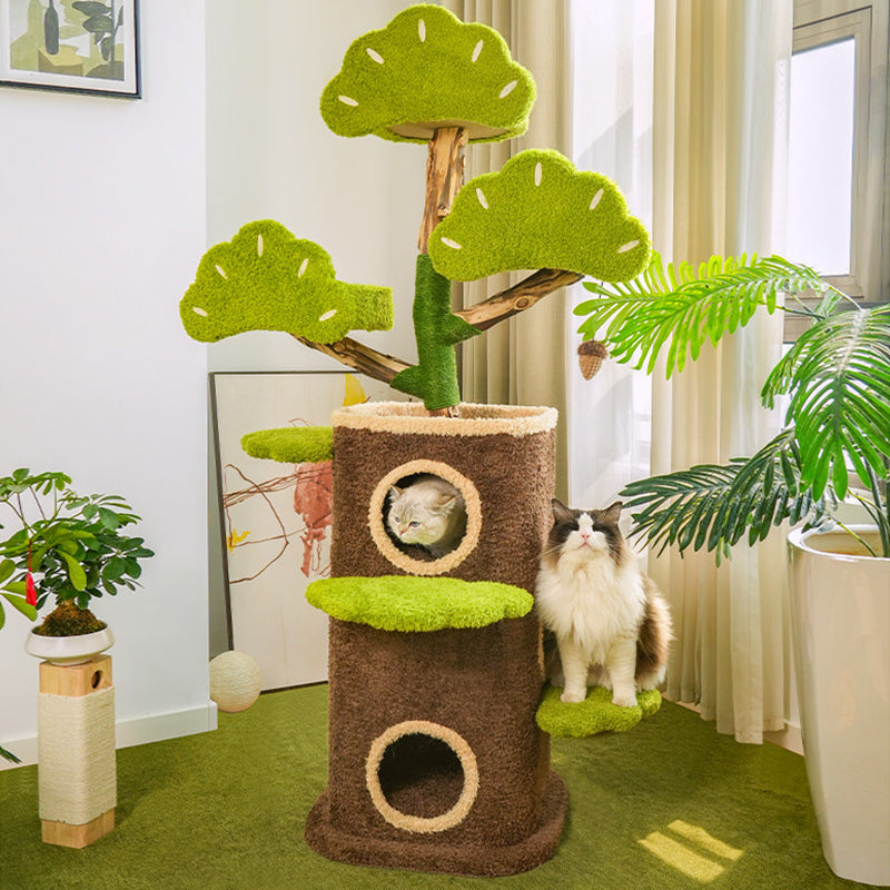 Contemporary Creative Round Particleboard Natural Fruitwood Velvet Fabric Hemp Rope Treehouse Cat Tree For Living Room