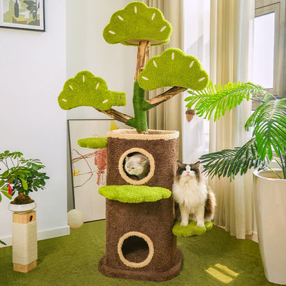 Contemporary Creative Round Particleboard Natural Fruitwood Velvet Fabric Hemp Rope Treehouse Cat Tree For Living Room