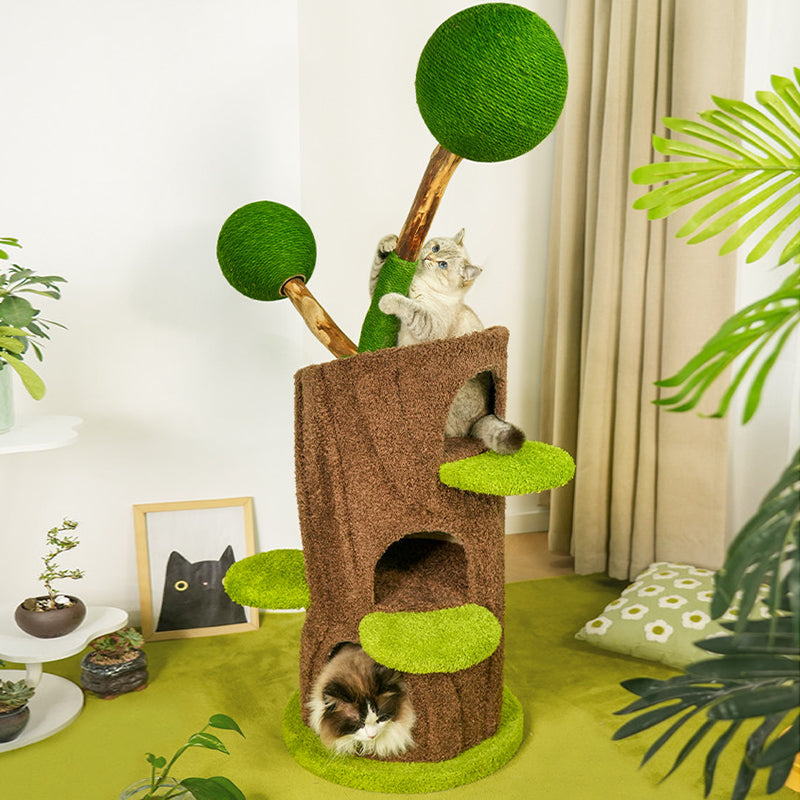 Contemporary Creative Round Particleboard Natural Fruitwood Velvet Fabric Hemp Rope Treehouse Cat Tree For Living Room