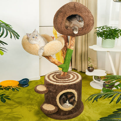 Contemporary Creative Round Particleboard Natural Fruitwood Velvet Fabric Hemp Rope Treehouse Cat Tree For Living Room