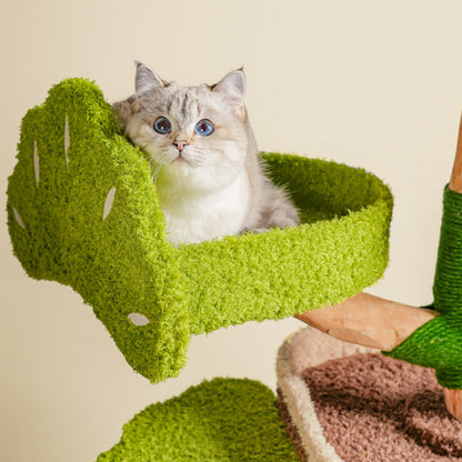 Contemporary Creative Round Particleboard Natural Fruitwood Velvet Fabric Hemp Rope Treehouse Cat Tree For Living Room