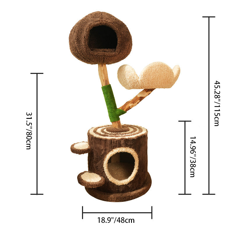 Contemporary Creative Round Particleboard Natural Fruitwood Velvet Fabric Hemp Rope Treehouse Cat Tree For Living Room