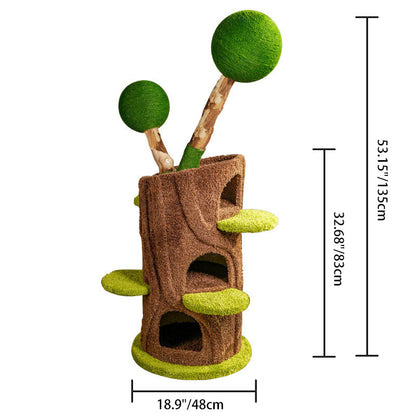 Contemporary Creative Round Particleboard Natural Fruitwood Velvet Fabric Hemp Rope Treehouse Cat Tree For Living Room