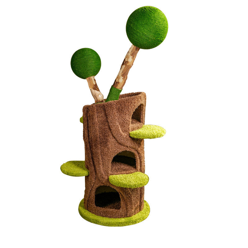 Contemporary Creative Round Particleboard Natural Fruitwood Velvet Fabric Hemp Rope Treehouse Cat Tree For Living Room