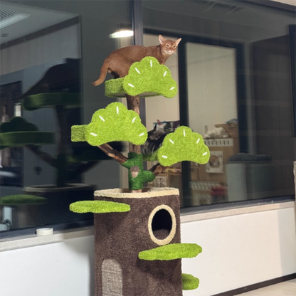 Contemporary Creative Round Particleboard Natural Fruitwood Velvet Fabric Hemp Rope Treehouse Cat Tree For Living Room