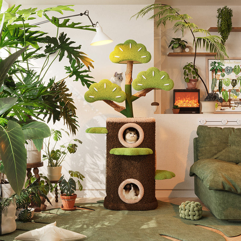 Contemporary Creative Round Particleboard Natural Fruitwood Velvet Fabric Hemp Rope Treehouse Cat Tree For Living Room