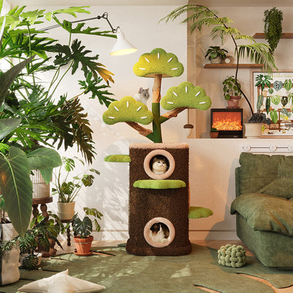 Contemporary Creative Round Particleboard Natural Fruitwood Velvet Fabric Hemp Rope Treehouse Cat Tree For Living Room