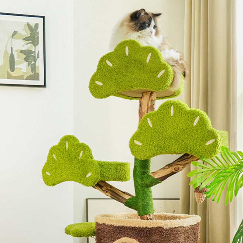 Contemporary Creative Round Particleboard Natural Fruitwood Velvet Fabric Hemp Rope Treehouse Cat Tree For Living Room