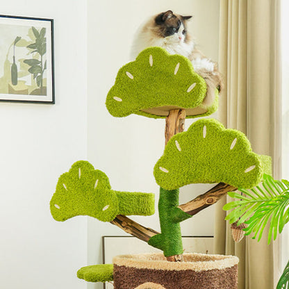 Contemporary Creative Round Particleboard Natural Fruitwood Velvet Fabric Hemp Rope Treehouse Cat Tree For Living Room