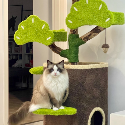 Contemporary Creative Round Particleboard Natural Fruitwood Velvet Fabric Hemp Rope Treehouse Cat Tree For Living Room
