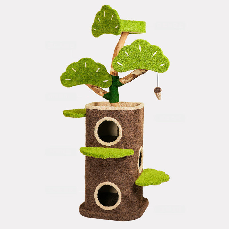 Contemporary Creative Round Particleboard Natural Fruitwood Velvet Fabric Hemp Rope Treehouse Cat Tree For Living Room