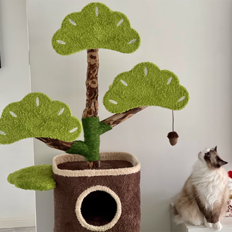 Contemporary Creative Round Particleboard Natural Fruitwood Velvet Fabric Hemp Rope Treehouse Cat Tree For Living Room