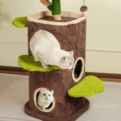 Contemporary Creative Round Particleboard Natural Fruitwood Velvet Fabric Hemp Rope Treehouse Cat Tree For Living Room