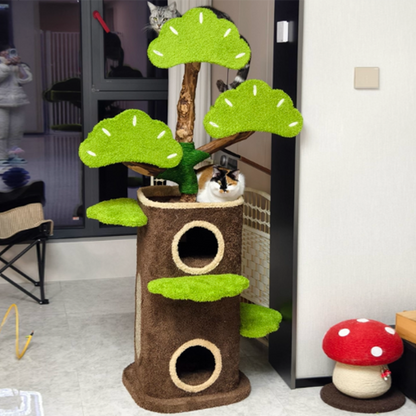 Contemporary Creative Round Particleboard Natural Fruitwood Velvet Fabric Hemp Rope Treehouse Cat Tree For Living Room