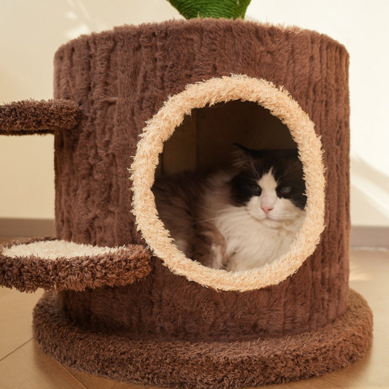 Contemporary Creative Round Particleboard Natural Fruitwood Velvet Fabric Hemp Rope Treehouse Cat Tree For Living Room