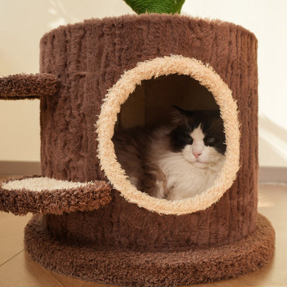 Contemporary Creative Round Particleboard Natural Fruitwood Velvet Fabric Hemp Rope Treehouse Cat Tree For Living Room