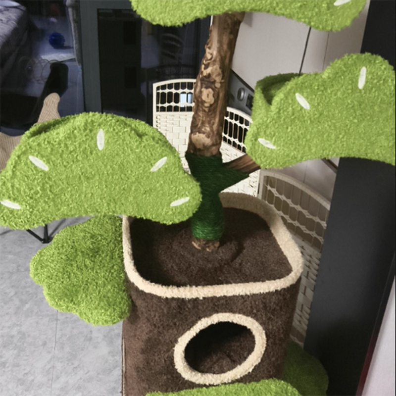 Contemporary Creative Round Particleboard Natural Fruitwood Velvet Fabric Hemp Rope Treehouse Cat Tree For Living Room