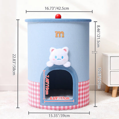 Contemporary Creative Round Polyester Denim Velvet Fabric Storage Cat Bed For Living Room