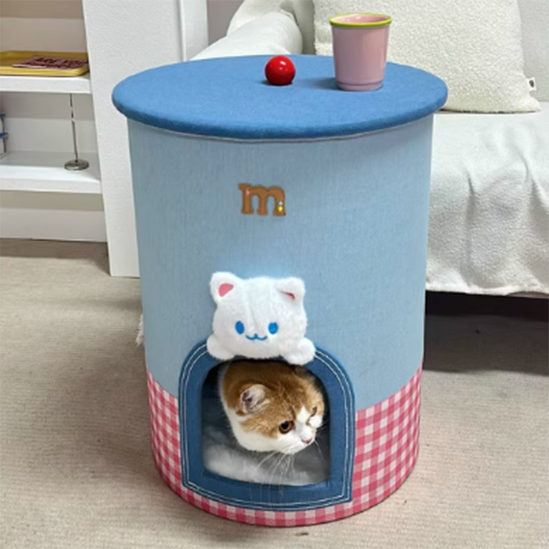 Contemporary Creative Round Polyester Denim Velvet Fabric Storage Cat Bed For Living Room