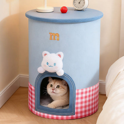 Contemporary Creative Round Polyester Denim Velvet Fabric Storage Cat Bed For Living Room