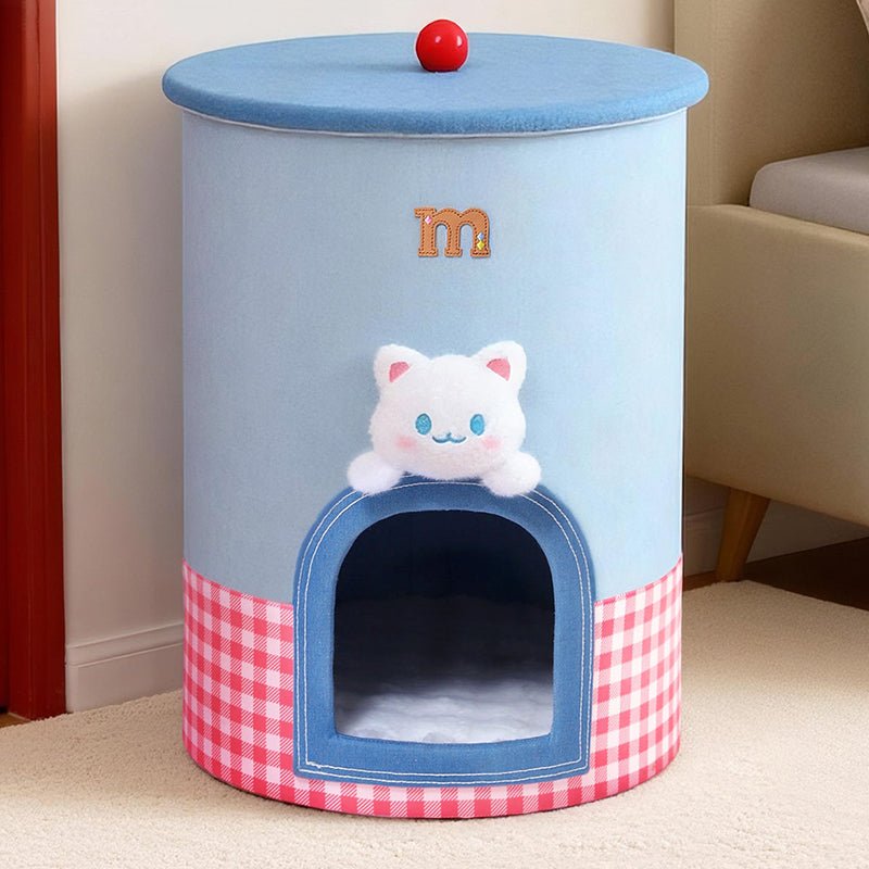 Contemporary Creative Round Polyester Denim Velvet Fabric Storage Cat Bed For Living Room