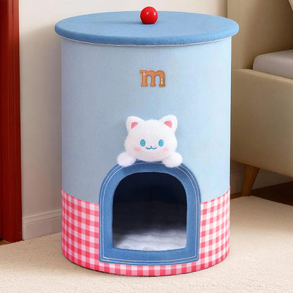 Contemporary Creative Round Polyester Denim Velvet Fabric Storage Cat Bed For Living Room