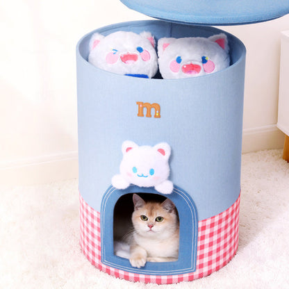 Contemporary Creative Round Polyester Denim Velvet Fabric Storage Cat Bed For Living Room