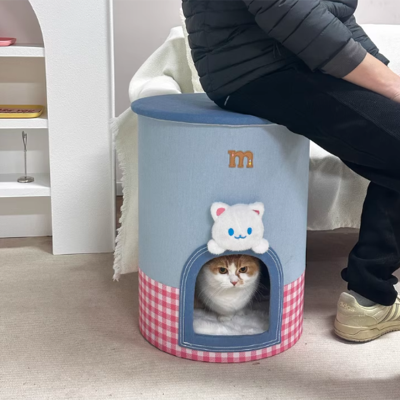 Contemporary Creative Round Polyester Denim Velvet Fabric Storage Cat Bed For Living Room