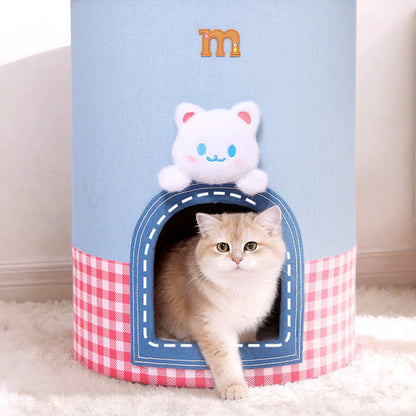 Contemporary Creative Round Polyester Denim Velvet Fabric Storage Cat Bed For Living Room