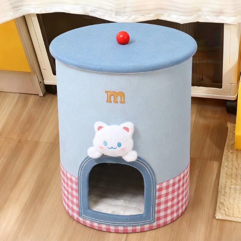 Contemporary Creative Round Polyester Denim Velvet Fabric Storage Cat Bed For Living Room