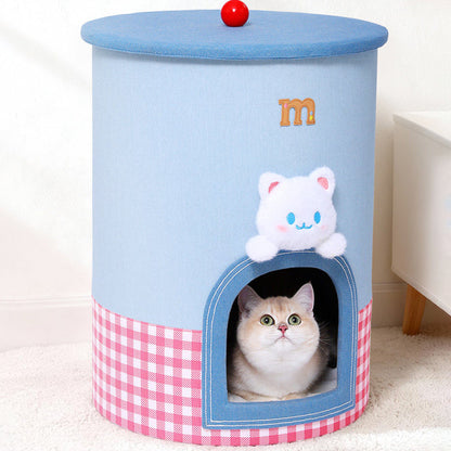 Contemporary Creative Round Polyester Denim Velvet Fabric Storage Cat Bed For Living Room
