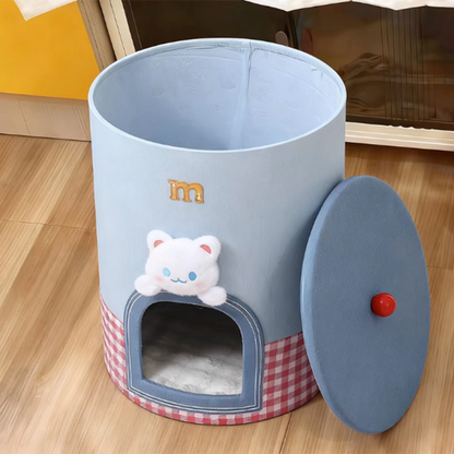 Contemporary Creative Round Polyester Denim Velvet Fabric Storage Cat Bed For Living Room