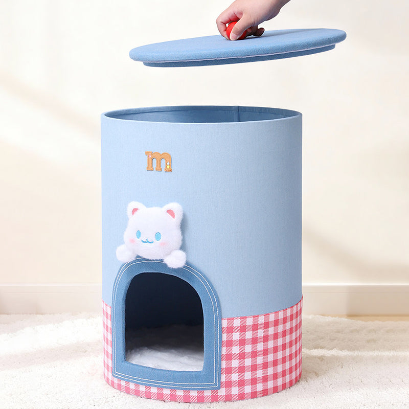 Contemporary Creative Round Polyester Denim Velvet Fabric Storage Cat Bed For Living Room