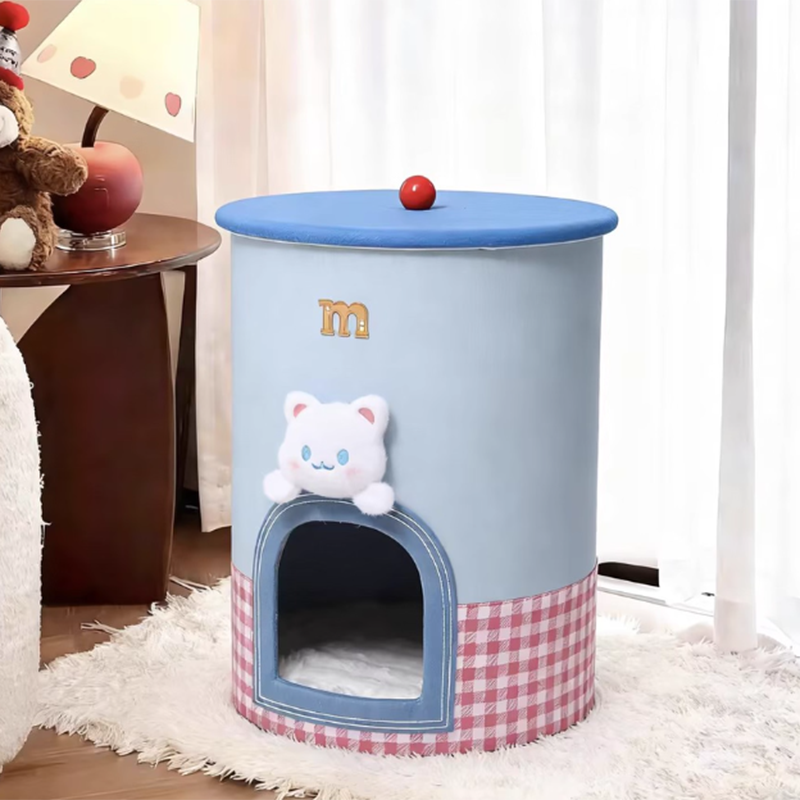 Contemporary Creative Round Polyester Denim Velvet Fabric Storage Cat Bed For Living Room