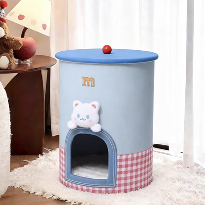 Contemporary Creative Round Polyester Denim Velvet Fabric Storage Cat Bed For Living Room